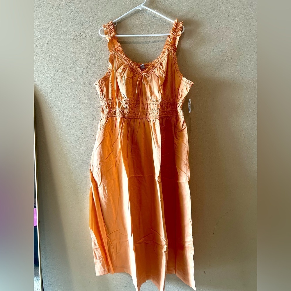 Old Navy XXL Tall Cotton Waist-Defined Ruffled Midi Dress Orange pocket retro - Picture 3 of 10
